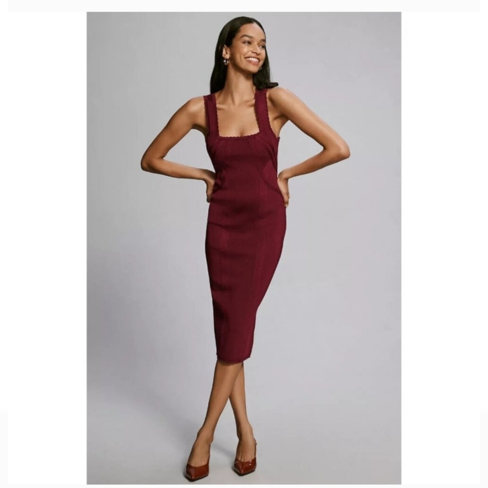 Anthropologie Ribbed Knit Midi Dress Burgundy Wine Sleeveless Bodycon Size L - Picture 6 of 16